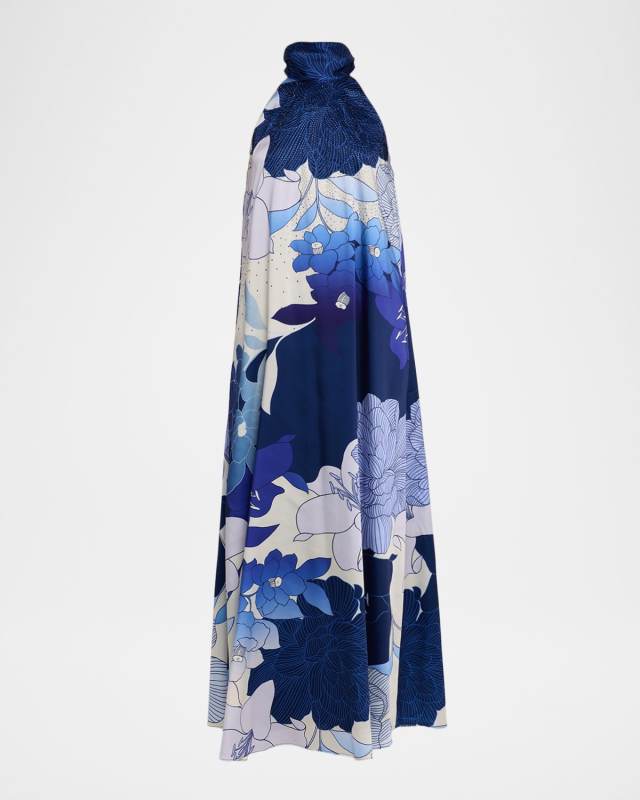 Sky Rhinestone Floral-Print Halter Maxi Dress